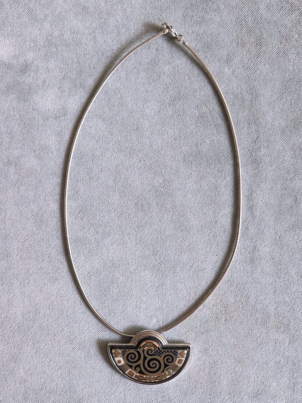 Vintage M. Frey Half-Moon Pendant Klimt Palladium Plate Silver Metal Snake Chain
